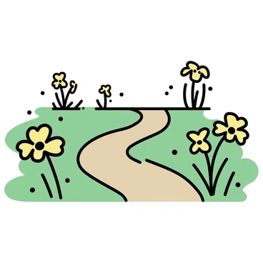 A narrow dirt path winding through a grassy field. The path is flanked on both sides by clusters of bright yellow buttercups, their petals open and vibrant against the greenery. The sun casts soft shadows, highlighting the delicate flowers as they sway gently in the breeze. The scene invites a sense of tranquility and natural beauty.