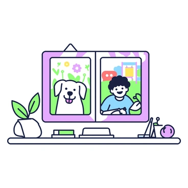 A two-sided frame is placed on a wooden desk. On one side of the frame, there is a photo of a dog with fluffy fur, sitting happily in a garden filled with flowers. The dog is looking directly at the camera with its tongue out. On the opposite side of the frame, there is a photo of a smiling child wearing a blue shirt, playing with a toy in a sunny park. The child has curly hair and is surrounded by greenery and colorful playground equipment in the background. The desk is neatly organized, with a small potted plant and a few scattered stationery items nearby.