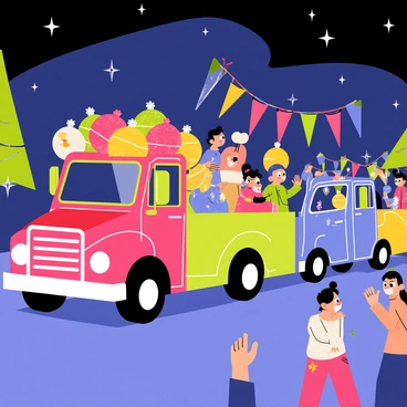A row of trucks decorated with colorful lights, each truck featuring vibrant strings of multicolored lights twinkling against the night sky. The first truck is adorned with large, oversized festive ornaments and has a bright red and green color scheme. The second truck displays blue and yellow lights, creating a cheerful atmosphere. People are standing along the parade route, some waving and others taking pictures, expressing excitement. Colorful banners and streamers hang between the trucks, adding to the festive mood of the parade.