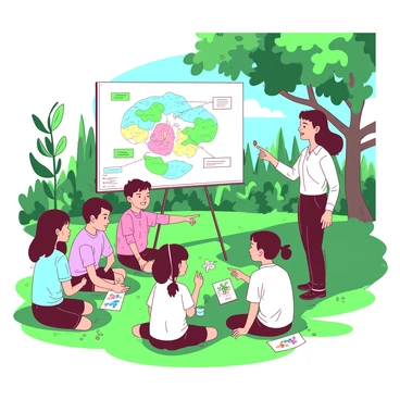 A group of children is sitting on a grassy area, engaged in an interactive lesson about ecology. They are surrounded by various types of plants and trees that illustrate different ecosystems. Some children are holding colorful identification cards showing various animals and plants. Others are pointing at a nearby butterfly that has landed on a flower. A teacher is standing in front, animatedly explaining the importance of biodiversity, with a large flip chart displaying colorful diagrams of ecosystems. Sunlight filters through the leaves above, creating patterns on the ground.