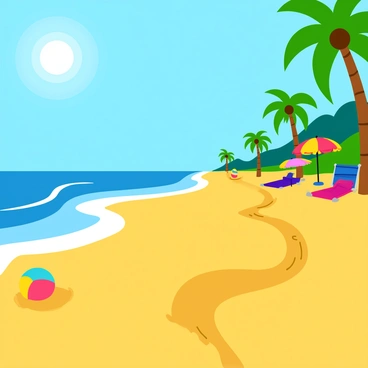 A beach with golden sand that is made of crushed KitKat bars, creating a textured appearance. The sun shines brightly in the clear blue sky, casting warm light over the scene. Gentle waves lap at the shore, sparkling under the sunlight. Scattered along the beach are colorful beach towels and umbrellas, adding vibrant splashes of color. A few palm trees sway gently in the light breeze, their green fronds contrasting with the sandy KitKat beach. In the distance, a beach ball lies half-buried in the sweet sand.