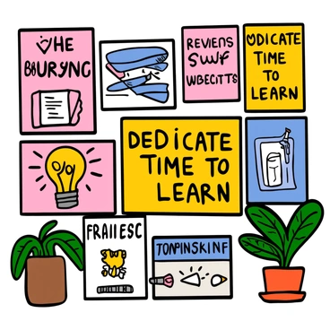 A wall filled with a variety of colorful motivational posters, each displaying different inspirational quotes about studying and revising. The posters are designed with bold fonts and creative layouts, showcasing phrases like "Believe in Yourself" and "Dedicate Time to Learn." Some posters feature images of books, pencils, and light bulbs symbolizing ideas and knowledge. The background of the wall is bright and inviting, enhancing the motivational atmosphere, while a few green plants in the corner add a touch of freshness to the scene.
