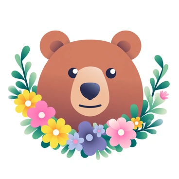 A bear's head with thick brown fur is centered in the image, displaying strong, piercing eyes and a broad snout. Surrounding the bear's head is a lush wreath made of colorful wildflowers, including bright yellow daisies, pink clovers, and deep purple blossoms. The wreath is interspersed with various green leaves, adding texture and vibrancy. The bear’s ears are visible, slightly perked up, enhancing its attentive expression.