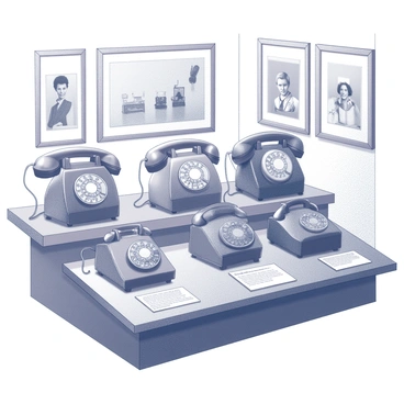 A collection of various historical telephones displayed in a museum setting. The telephones range in design, featuring rotary, candlestick, and early push-button models. Each telephone is placed on a polished wooden display table, with informative plaques positioned beside them, detailing their history and significance. The museum walls are adorned with framed black and white photographs illustrating the evolution of communication. Soft lighting highlights the intricate details of each telephone, creating a focused ambiance for the viewers.