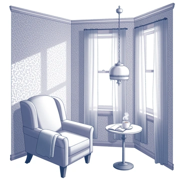 A room featuring walls covered in wallpaper with a repeating pattern. The wallpaper has intricate designs that create the illusion of movement. The room contains a vintage chandelier hanging from the ceiling, casting soft shadows across the space. A plush armchair sits in one corner, adorned with a delicate throw blanket draped over one arm. A small round table is positioned next to the chair, holding a steaming cup of tea and an open book. Sunlight filters through sheer curtains, illuminating the shifting patterns on the walls, suggesting a transformation into different scenes.