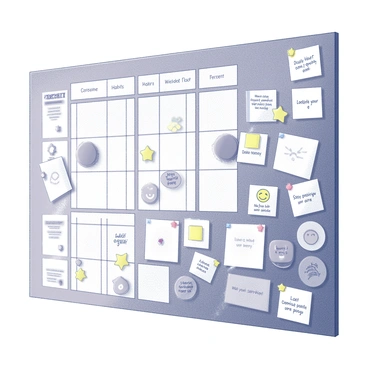 A habit tracker board mounted on a wall. The board is divided into sections for different habits, displaying a grid layout. Each section is filled with various stickers representing achievements, including stars, smiley faces, and check marks. Scattered across the board are several motivational notes in different shapes and sizes, with messages like "Stay positive" and "Keep going." The overall arrangement is dynamic and engaging, conveying a sense of progress and encouragement.
