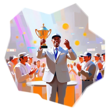 Jackie Robinson, an African American man with a proud expression, is standing on a stage receiving a prestigious sports award. He is wearing a tailored suit and a tie, reflecting his elegance and commitment to excellence. In his hands, he holds a shining trophy aloft, showcasing his achievement. The background features a large audience applauding, with bright lights illuminating the scene, adding to the celebratory atmosphere. A banner with the words “Sports Excellence Award” can be seen behind him, emphasizing the significance of the moment.