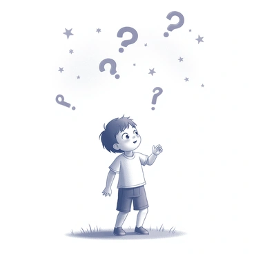 A child stands in a grassy field, gazing upward with wide eyes. The child has tousled hair and wears a simple shirt and shorts. Above, the sky is filled with large, whimsical question marks scattered among numerous shining stars. The child reaches out with one hand, as if trying to touch the stars. The scene captures a sense of wonder and curiosity, with the child completely absorbed in the enchanting display above.