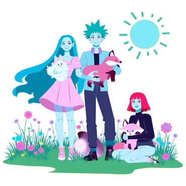 A group of three anime characters standing in a vibrant, lush meadow filled with colorful wildflowers. The first character is a girl with long, flowing blue hair and large, expressive eyes, wearing a light pink dress and holding a fluffy white rabbit in her arms. The second character is a boy with spiky green hair and a confident smile, dressed in a casual outfit, petting a small, playful fox at his feet. The third character is another girl with short, pink hair, sporting a cheerful expression, sitting cross-legged on the grass with a tiny, curious panda beside her. The sun is shining brightly in a clear blue sky, casting soft shadows on the ground.