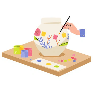 A ceramic vase with a smooth surface is positioned on a wooden table. A person holds a small paintbrush, carefully applying vibrant colors to the vase. The vase features a mix of traditional patterns, including floral designs and geometric shapes. Various paint pots in bright hues are scattered on the table, and a palette with a few colors is also visible. The background consists of soft, neutral tones that do not distract from the scene.