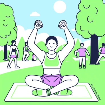 An athlete with short hair is performing skull crushers using dumbbells. They are situated on a yoga mat, which is lying on the grass in a park. The sun is shining brightly, casting shadows on the mat. Surrounding the athlete are trees with green leaves and a clear blue sky above. The athlete wears a tank top and shorts, displaying a focused expression while lifting the dumbbells above their head. In the background, other park-goers are visible, engaging in various outdoor activities.