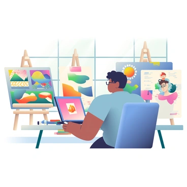 An artist with medium skin and curly black hair is seated at a desk, intently focused on a laptop screen displaying Adobe Illustrator. The artist is wearing a casual blue t-shirt and glasses, with a digital pen in their right hand. Surrounding the desk are multiple artworks displayed on easels, showcasing diverse styles such as abstract patterns, vibrant landscapes, and character designs. A collection of colorful art supplies, including markers and sketchbooks, is on the table. Large windows in the background allow natural light to flood the room, highlighting the creative atmosphere.