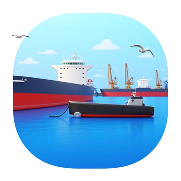 A bunker barge positioned alongside a large cargo ship. The bunker barge is equipped with hoses that connect to the ship for fuel transfer. The harbor is bustling with activity, showcasing various other ships and cranes in the background. The sky is clear with a few clouds, and the water is rippling, reflecting the colors of the surroundings. Seagulls can be seen flying overhead, adding to the busy atmosphere of the harbor.