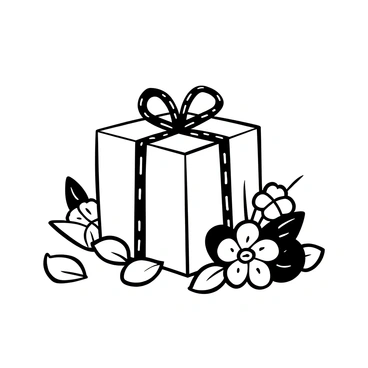 A "beautifully wrapped gift box" sits at the center of the image. The gift box is adorned with an intricate ribbon on top. Surrounding the gift box are "petals," scattered artistically around the base. To one side, there is a "small bouquet of flowers," featuring delicate blooms, arranged neatly and tied together with twine. The overall composition emphasizes the elegance of the gift and the natural beauty of the surrounding elements.