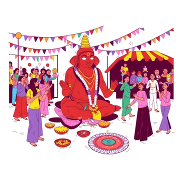 A red Nandi idol is prominently placed in the center of the scene, adorned with colorful flowers and bright ornaments. Around the idol, a diverse group of people is joyfully celebrating, wearing traditional attire in a variety of colors. Some individuals are dancing, while others are clapping and singing, creating a lively atmosphere. Colorful banners and streamers are hanging overhead, adding to the festive feel. In the background, there are stalls selling sweets and snacks, with people engaging in cheerful conversations. The ground is decorated with vibrant rangoli designs.