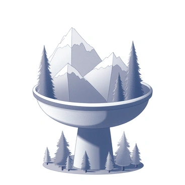 A large outdoor pokal stands prominently. The surface of the pokal features intricate engravings of "mountains" that rise majestically in the background. Surrounding the base of the pokal are detailed depictions of "trees" with varying shapes and sizes, creating a natural setting. The overall composition captures the essence of a serene outdoor environment, framed by the majestic mountains and lush trees.