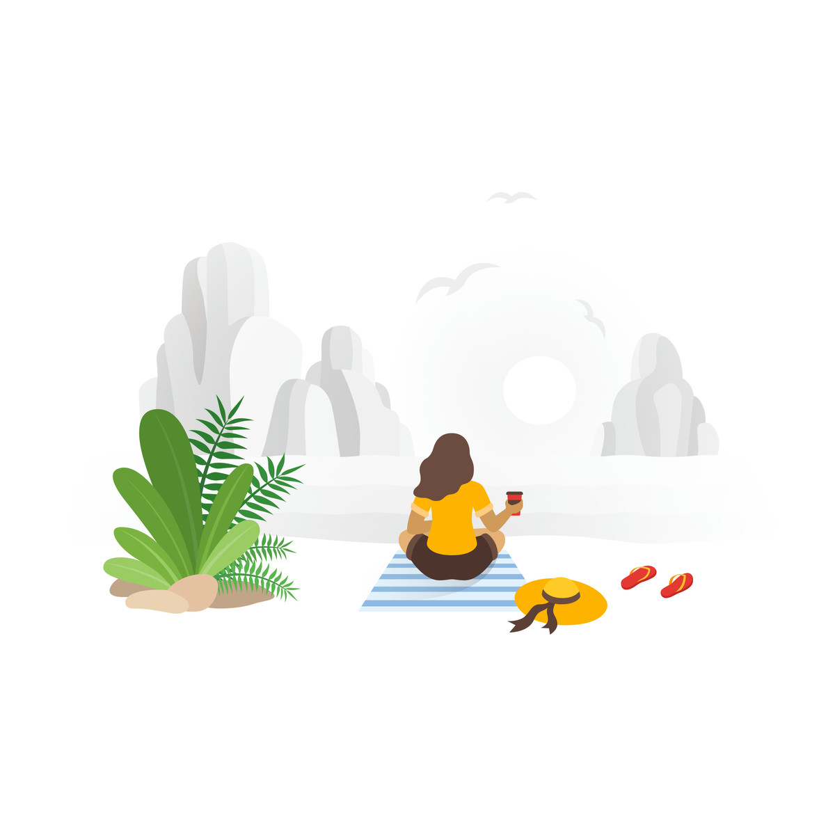 Ilustración Seaside relaxation with coffee cup, break and mindfulness outdoors en estilo Fogg a descargar en PNG y SVG