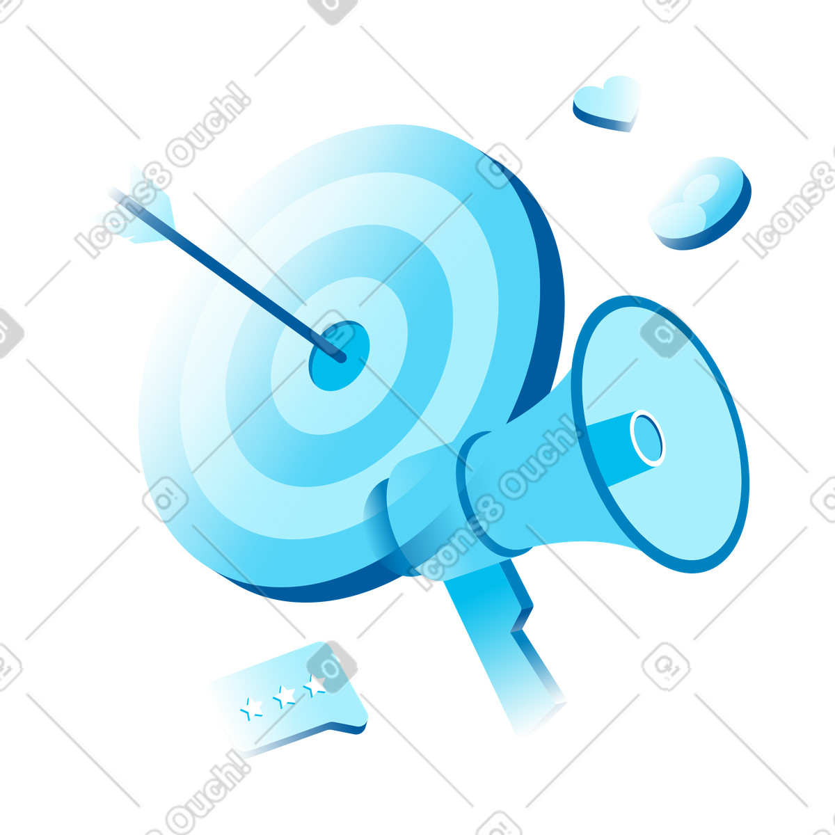Ilustración Bullseye target, megaphone, and social media icons, Targeted advertising outreach en estilo Icy a descargar en PNG y SVG