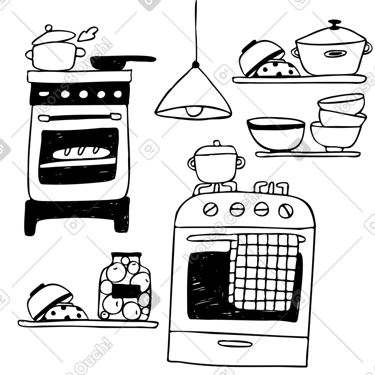 Illustration Cuisine avec fours, étagères et bols dans le style Marks à télécharger aux formats PNG, SVG