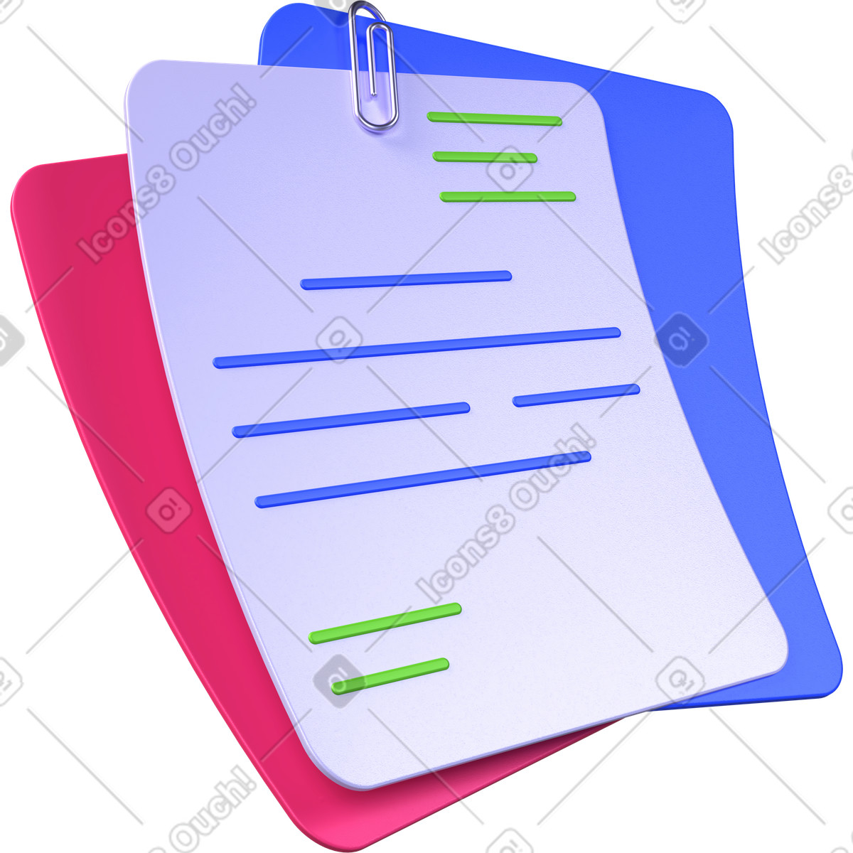 Illustration Pack de documents, pages colorées empilées, attache trombone dans le style 3D Boost à télécharger aux formats PNG, SVG
