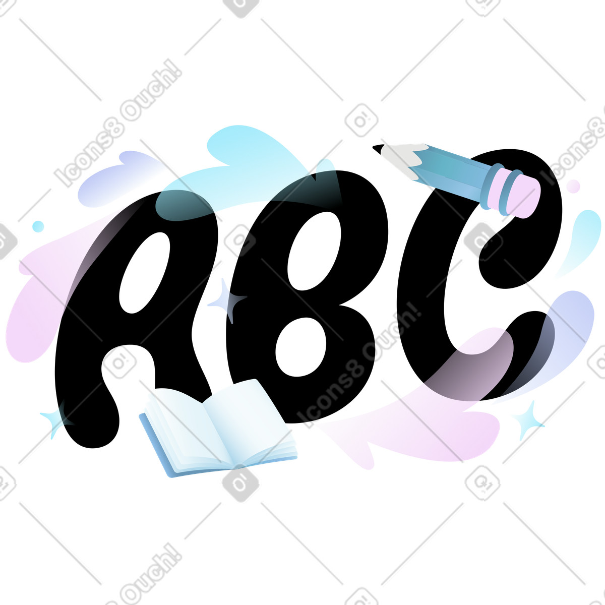 ABC letters with notebook, pencil, and decorative splashes, Early literacy skills illustrazione in stile Airy scarica in PNG, SVG