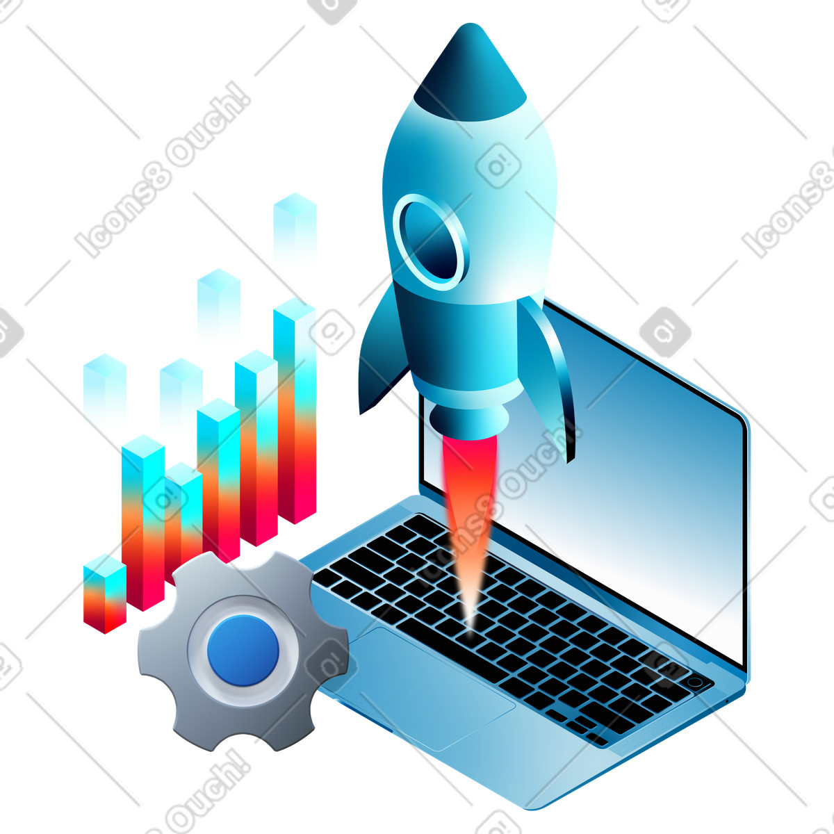 Startup business landing page, isometric rocket illustration in PNG, SVG