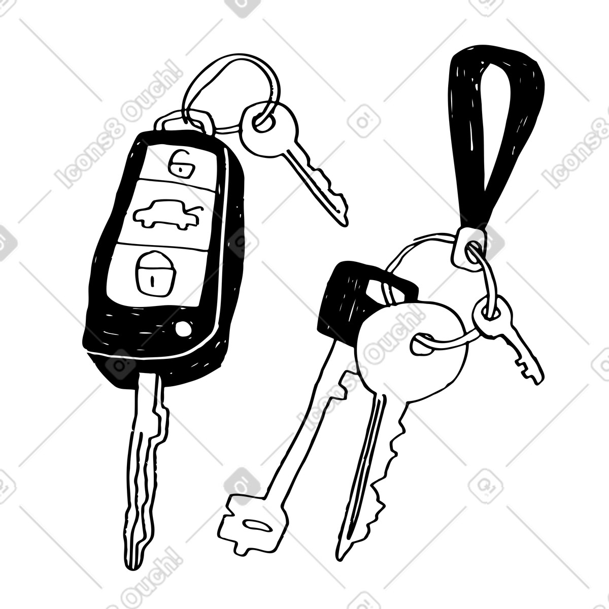 Ilustración Manojo de llaves un coche y una casa. en estilo Marks a descargar en PNG SVG
