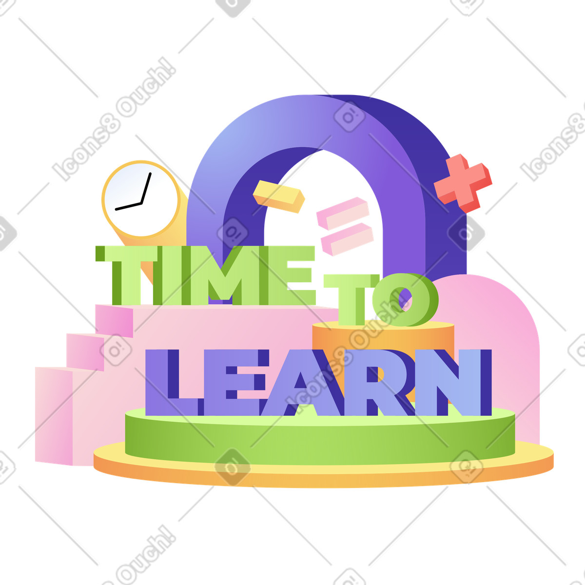 Lettering time to learn con segni matematici e testo dell'orologio illustrazione in stile Levels scarica in PNG, SVG