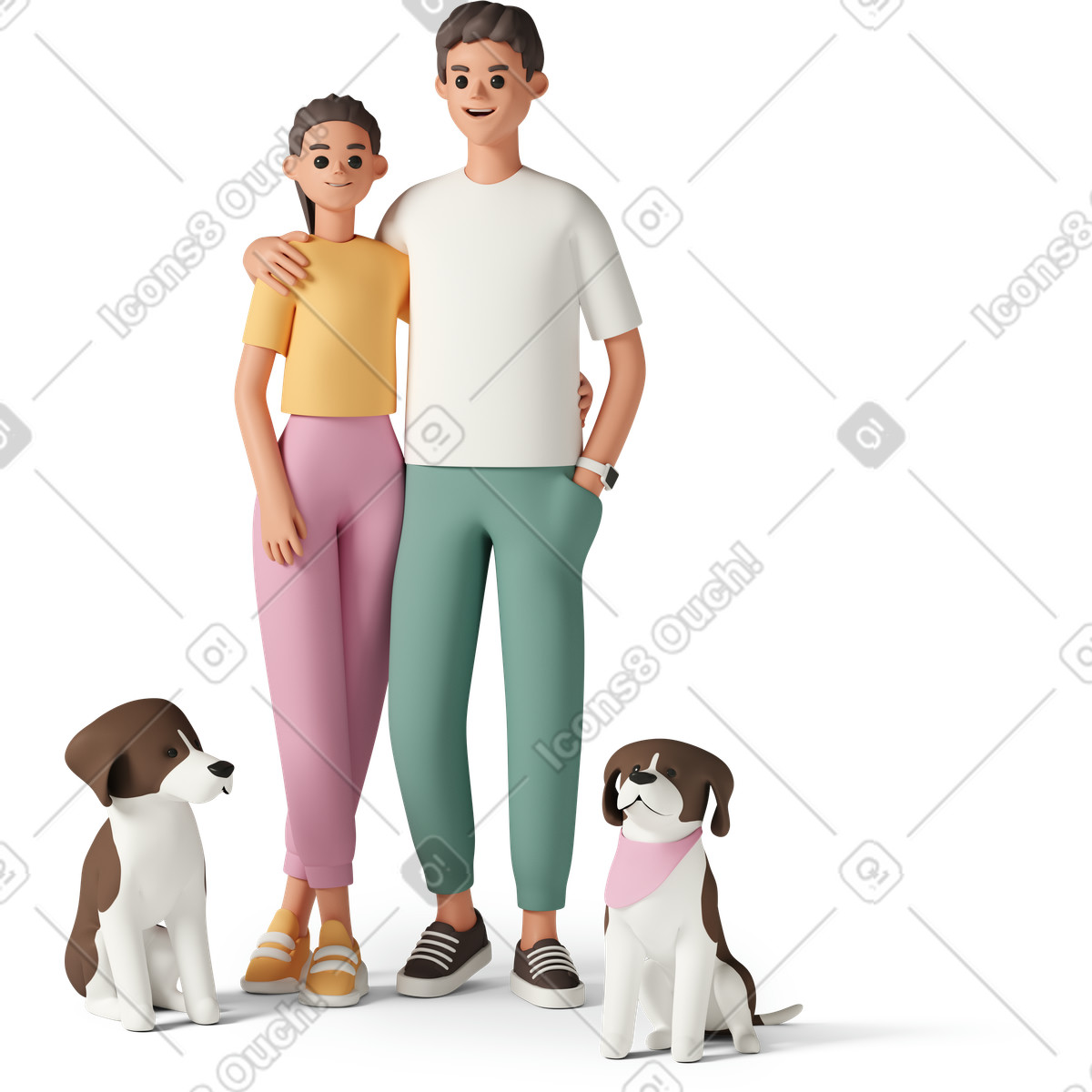 Young couple with pet dogs illustration in 3D Casual life style download in PNG, SVG