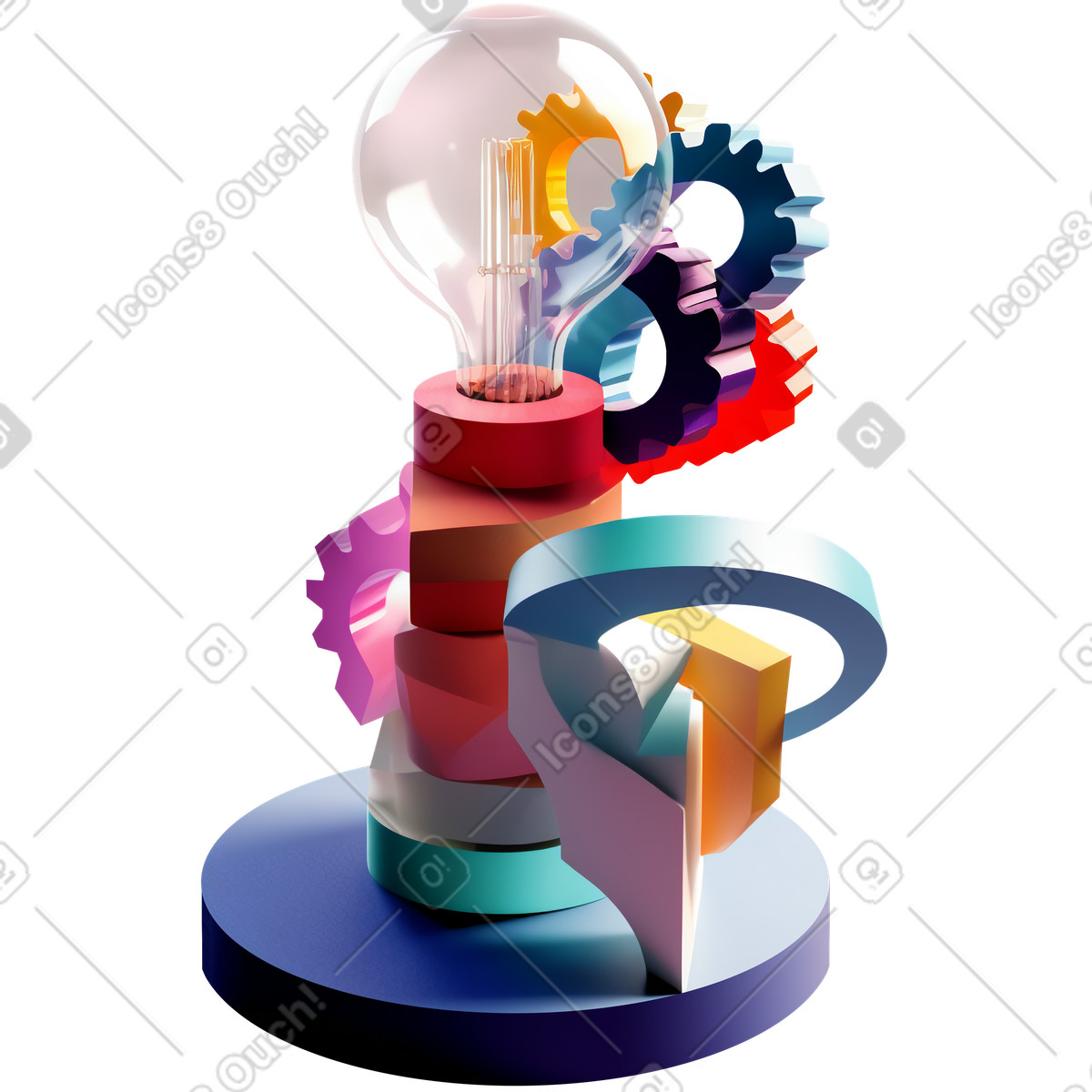 Composizione astratta con lampadina idea circondata da ingranaggi illustrazione in stile 3D Construction scarica in PNG, SVG