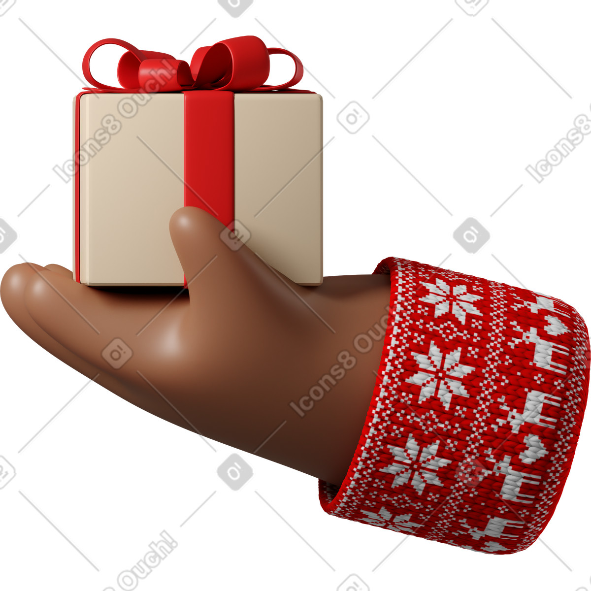 Illustration Main en peau marron foncé pull rouge avec motif de noël tenant une boîte cadeau dans le style 3D Hands Fun&Wild à télécharger aux formats PNG, SVG