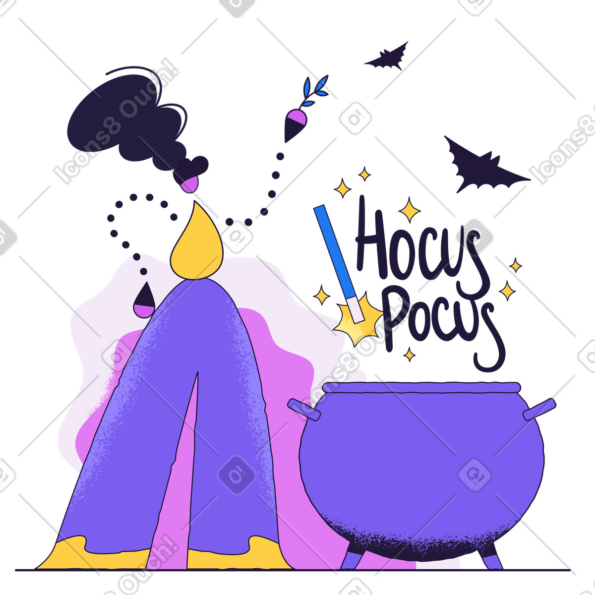 Illustration Lettrage hocus pocus et sorcière faisant une potion dans le style Conifer à télécharger aux formats PNG, SVG