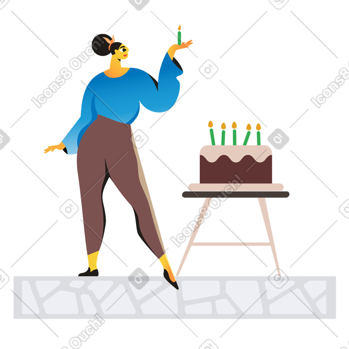 Woman putting candles on a birthday cake illustration in Jaconda style download in PNG, SVG