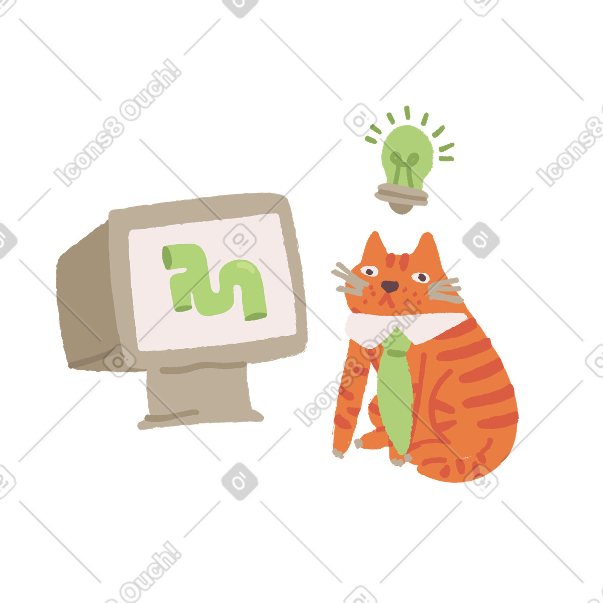 Funny business cat brainstorming at computer, Workplace creativity and innovation-Illustration im Ginger-Stil als Download in PNG, SVG