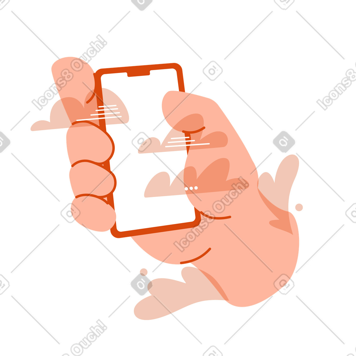 Ilustración Mano sosteniendo un teléfono con mensajes en estilo Orange a descargar en PNG y SVG