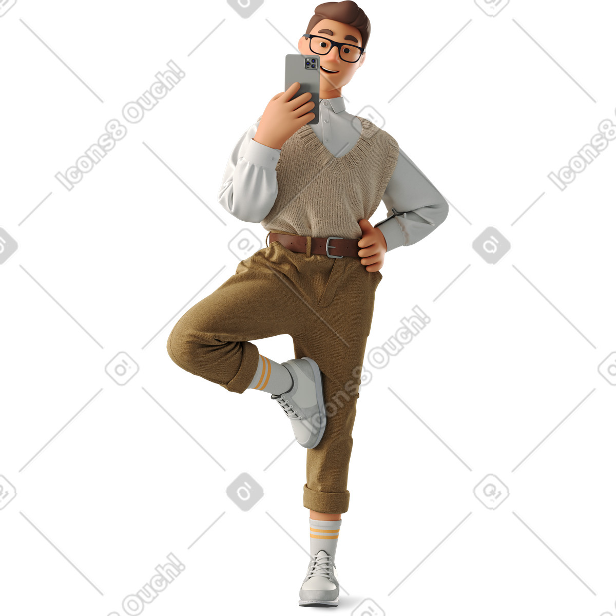 下载 3D Business 风格的 Man taking a selfie while standing on one leg 插画，支持 PNG、SVG 格式