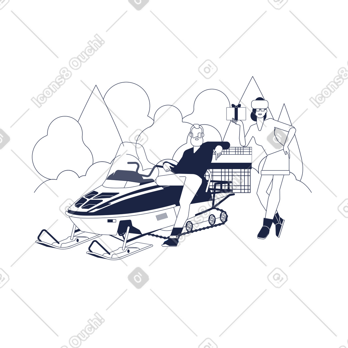 Ilustração de Couriers delivering presents on snowmobile, Winter parcel delivery em no estilo Urban Line para baixar em PNG, SVG