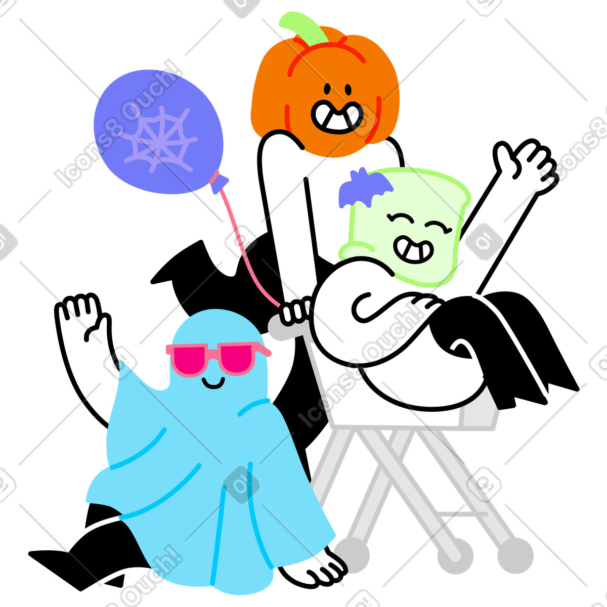 Ilustración Amigos disfrazados de halloween, promoción fiestas y eventos, marketing creativo halloween en estilo Giggle a descargar en PNG SVG