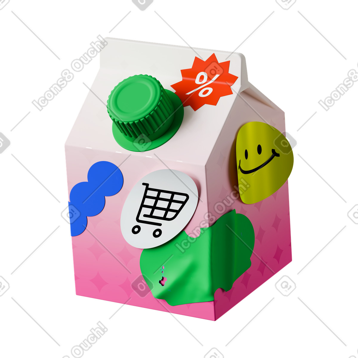 Cardboard juice box with stickers illustration in 3D Stickle style download in PNG, SVG
