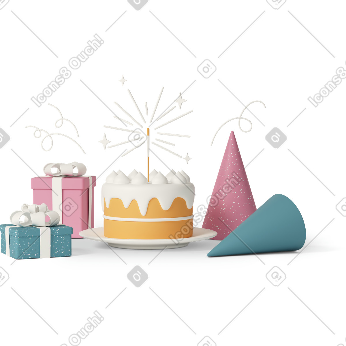 3D Casual life 스타일의 Birthday party cake 일러스트레이션 PNG, SVG 다운로드