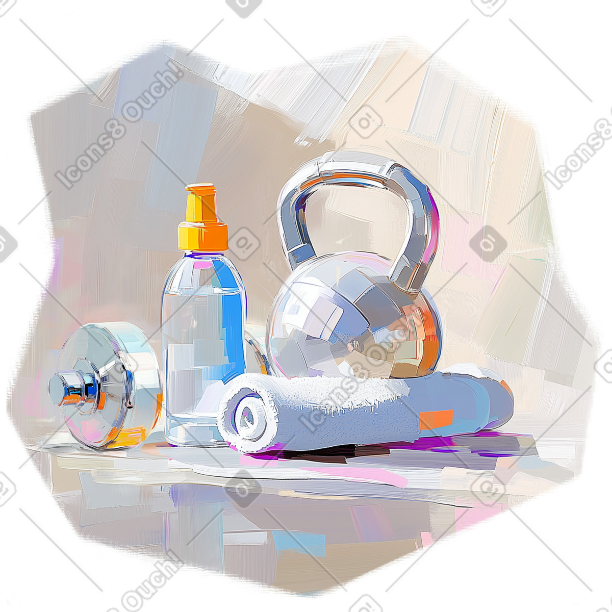 Oil painting of a kettlebell, dumbbell and water bottle illustration in Pictorial style download in PNG, SVG