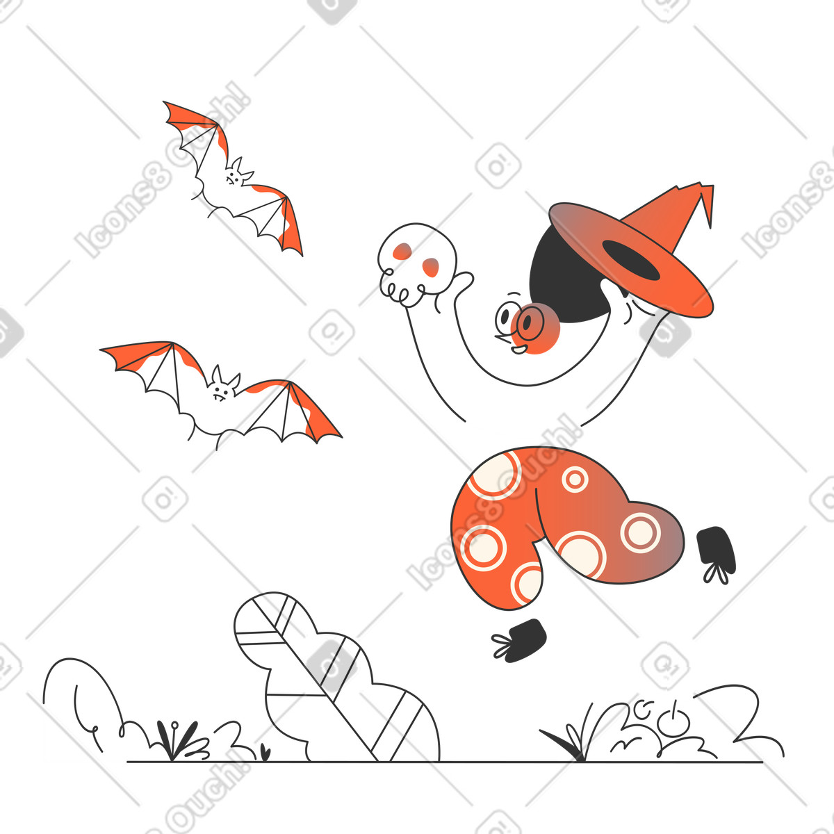 Little witch playing with bats illustration in PNG, SVG