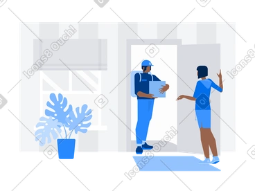 Woman getting door-to-door delivery by courier PNG, SVG