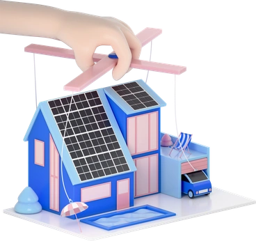 A hand manipulating a model house with solar panels - 3D Editorial style illustration