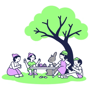A group of animals wearing tiny hats is seated around a small table having a tea party. There is a rabbit with a blue top hat, a squirrel in a purple beret, and a hedgehog wearing a green cap. The children, two girls and a boy, are sitting on the grass, smiling and holding teacups. The table is adorned with a small teapot and various pastries. Above them, a large oak tree with sprawling branches provides shade, and the sunlight filters through the leaves. The scene is lively, showcasing the interaction between the children and the animals.