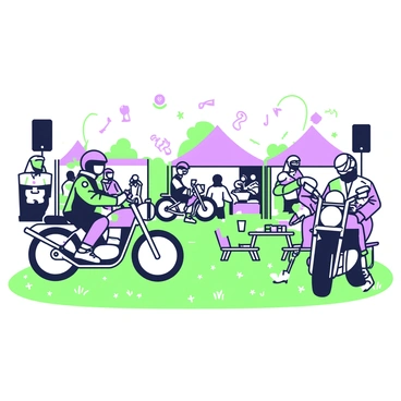 A group of moto-bikers is gathered at an outdoor festival. The scene includes several tents set up in different colors. In the background, there are speakers and musical instruments indicating live music. The bikers are wearing helmets and jackets, showcasing various patches and designs. Some are sitting on their motorcycles, while others are socializing near the tents, enjoying the atmosphere. The ground is covered with grass, and there are a few scattered picnic tables where people are eating and drinking.