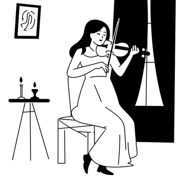 A girl with long hair is playing a violin in a dimly lit room. She is wearing a long, flowing dress that drapes elegantly around her. The violin is held close to her chin as she focuses intently on the music. Soft shadows play across the walls of the room, highlighting the wooden furniture and the curves of the violin. A single candle on a small table flickers, casting a warm glow that accentuates her features and creates an intimate atmosphere.