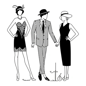 A display featuring multiple mannequins showcasing "roaring 20s" fashion. One mannequin is dressed in an ornate flapper dress adorned with sequins and fringe, complete with a feathered headband. Another mannequin wears a stylish pinstripe suit, complemented by a matching fedora. A third mannequin is styled in a beaded cloche hat and a sleek shift dress. The background includes vintage accessories such as a pearl necklace and a long cigarette holder displayed alongside.