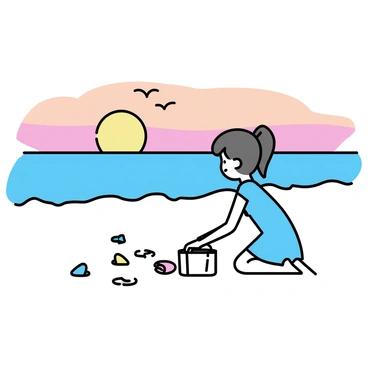 A young girl, with long brown hair tied in a ponytail, is kneeling on the sandy shoreline. She is wearing a light blue dress and has a small bucket next to her. The girl is carefully picking up colorful seashells scattered on the beach. The sky above is filled with shades of orange, pink, and purple as the sun sets on the horizon. Gentle waves are lapping at the shore, and distant silhouettes of seagulls can be seen flying across the sky.