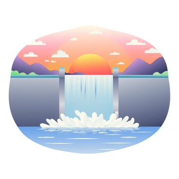 A large concrete dam is prominently displayed in the foreground, with water cascading over the top and creating a mist at the base. The dam's structure shows intricate details of its design. In the background, a sunset sky is painted with vibrant hues of orange, pink, and purple as the sun dips below the horizon. The reflection of the colorful sky shimmers on the flowing water in front of the dam. Silhouettes of distant mountains can be seen against the colorful sky. Fluffy clouds are scattered throughout the sky, catching the warm light of the setting sun.